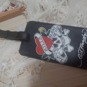 New ☆ Ed Hardy ☆ Faux Leather Black Y2k Graphic Skull Heart Luggage Tag